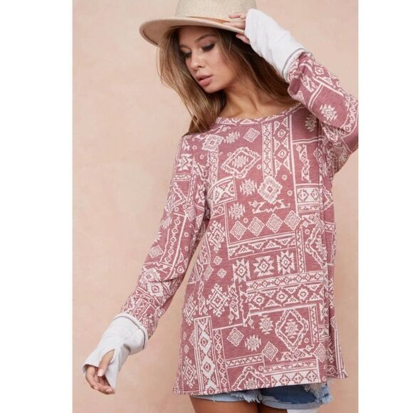 BiBi Tops - BiBi Aztec French Terry Tunic Boatneck Top Thumb Holes in Burgundy Fade sz Small